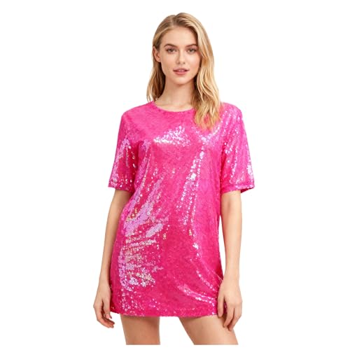 Jaugola Womens Sequin Mini Dress Super Star Glitter Costume Sparkly T-shirt Concert Tour Disco Party Halloween Outfit Rose S