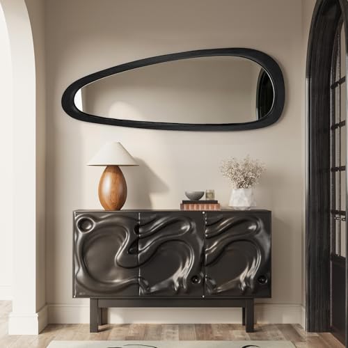 Image of Irregular Wall Mirror, 60 inchx22 inch Full Length Mirror with Wood Frame, Large Asymmetrical Wall Mirrors for Living Room Entryway, Bathroom, Mid Century Modern Decor (Black)