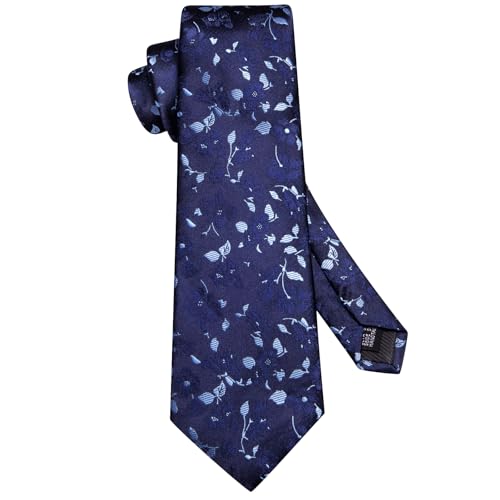Image of Hi-Tie Men's Dark Blue Floral Jacquard Ties Silk Classic Necktie Lapel Pin Pocket Square Cufflinks Sets Formal Business Wedding
