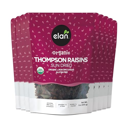 Elan Organic Sun-Dried Thompson Raisins, Dried Fruits, No Added Sugar, Non-GMO, Vegan, Gluten-Free, Kosher, Healthy Snacks, Naturally Sweet Snack, 8 pack of 7.9 oz
