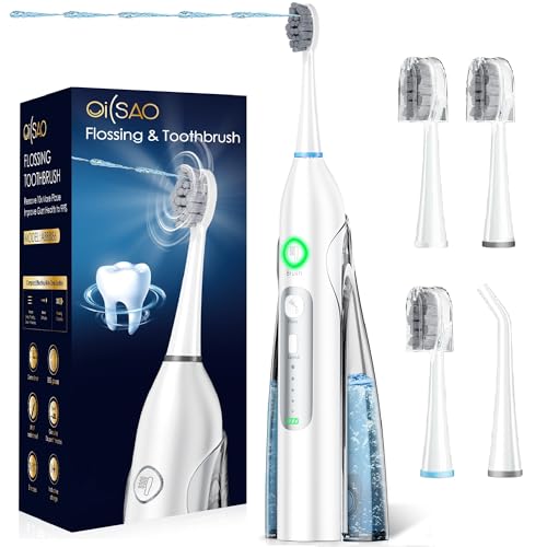 OILSAO Cepillo de dientes eléctrico con hilo dental de agua, 3 modos sónicos, 5 velocidades de hilo dental con 3 cepillos + 1 boquilla, combo de cepillo de dientes portátil para adultos, kit de