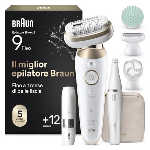 Braun Silk Epil 9 Flex SkinSpa Epilatore Elettrico Donna Testina Flessibile 360°, Epilazione Semplice, Rasoio Elettrico Donna, Pelle Liscia, Wet&Dry, Con Epilatore Viso FaceSpa E Mini Depilatore Viso