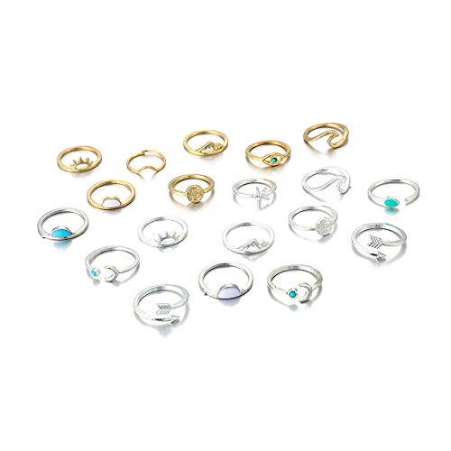 WLLAY 7-19Pcs Boho Silver Star Moon Knuckle Ring Set for Women Teen Girls,Vintage Stackable Midi Finger Rings Set Jewelry Gift for Her (B:19 PCS)