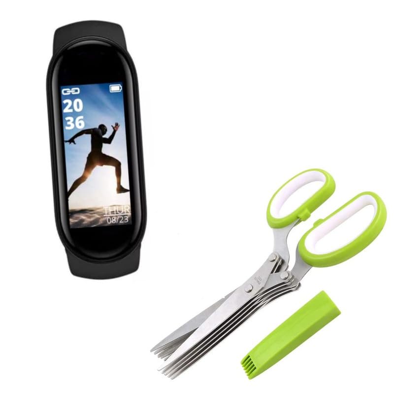Drumstone Combo C1196 – M8 Smart Band – Waterproof Activity Tracker with Blood Pressure, Heart Rate Monitor, Sleep Tracking with Stainless Steel 5-Blade Herb Scissors for Effortless Kitchen Cutting