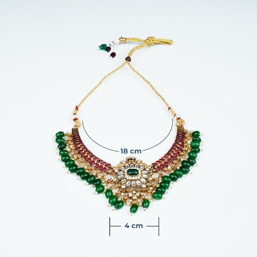 Image of Matte Finish Jewellery Set with Ruby stones and a pair of Earrings for women and girls /Fashion jewellery with multi coloured stones and green beads.