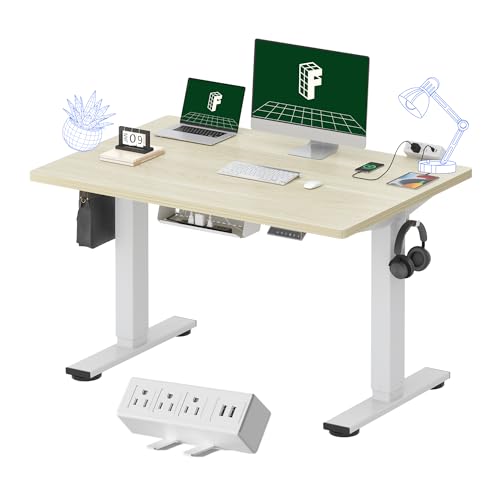 Image of FLEXISPOT EN2 Whole-Piece Standing Desk with Clamp Power Strip, 48 x 30 Electric Stand Up Height Adjustable Desk with Cable Management (White Frame + 48 inch White Wood Grain Desktop, 2 Packages)