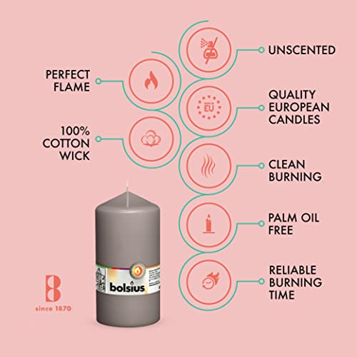 Bolsius 4 Grey Pillar Candles - 3X6 Inches - Individually Wrapped - Premium European Quality - 65+ Burn Hours - Dripless & Smokeless Smooth Flame - Unscented Gray Dinner, Wedding, & Party Candles #TOP2