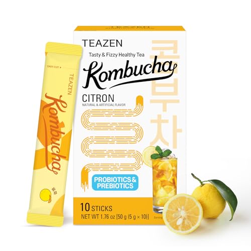 Image of TEAZEN Citron Kombucha Tea, Hydration Drink Mix, Sugar Free, Live Probiotics & Prebiotics, 10 Sticks, 1.76oz