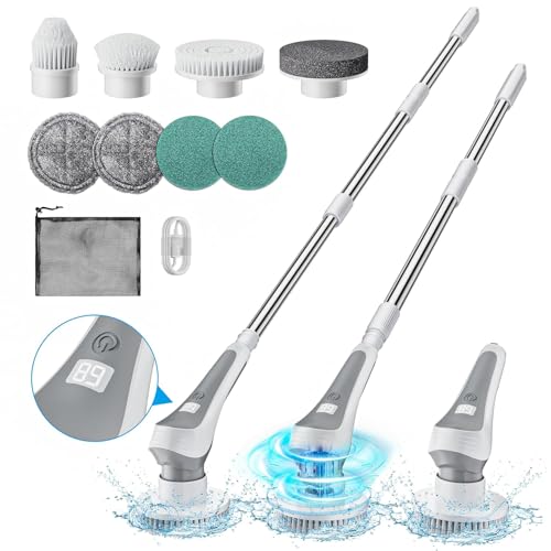 Image of Electric Spin Scrubber,Cordless Cleaning Brush with Power Display Screen,IP68 Waterproof Shower Cleaning Brush with 8 Replaceable Brush Heads,Adjustable & Detachable Handle and 2 Adjustable Speeds