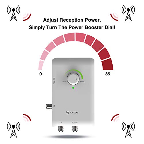 ANTOP HDTV & FM Amplified Antenna 85 Miles AT-800SBS with Dual Outputs Smart Boost System, Support TV and Second Device-FM Stereo, a Second TV or Any OTA-Ready Streaming Device or Projector