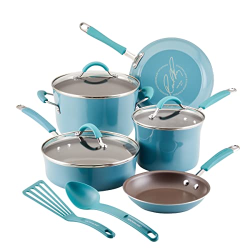 Image of Rachael Ray Cucina Nonstick Cookware /Pots and Pans Set, 10 Piece - Agave Blue