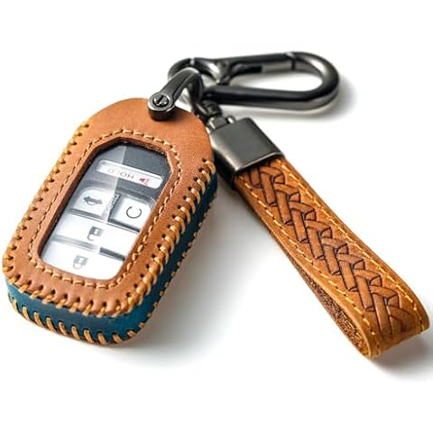 YUBOMT for Honda Key Fob Cover,Genuine Leather Key Case with Keychain for Honda Accord Civic CRV HRV Passport Pilot Odyssey Ridgeline Insight Accessories,Brown Cover