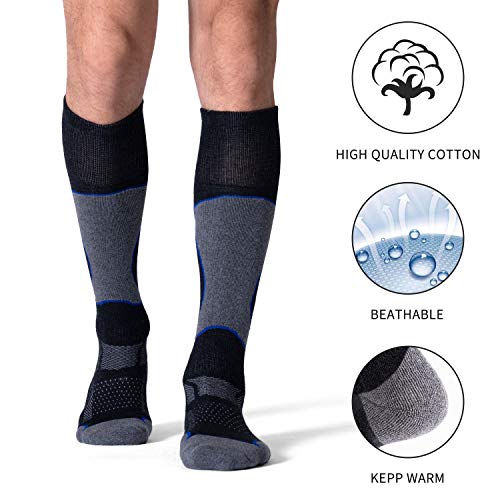 Celersport 2 Pack Men's Ski Socks For Skiing, Snowboarding, Cold Weather, Winter Performance Knee High Socks, Black+Blue, Shoe Size 9-12 #TOP2