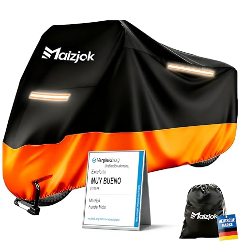 Maizjok® Funda Moto Impermeable, Cubierta Moto Exterior Interior 210D Poliéster Capa Protector Lluvia y UV para Cubre Scooter Motocicleta Calle/Scambler/Trail/Cross/Enduro XL (245x105x125 cm)