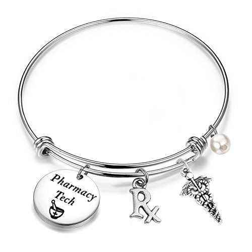 QIIER Pharmacy Tech Gift Pharmacy Technician Bracelet Expandable Wire Bangle RX Jewelry Gift for Pharmacist