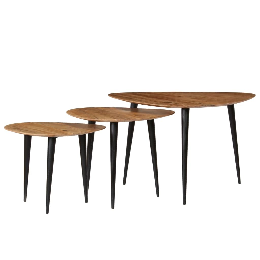 Juego de mesa de café de 3 piezas, madera de acacia, vintage, antigua, con patas de acero, 70 x 70 x 40 cm, 50 x 50 x 35 cm, 45 x 45 x 30 cm, triangular, ahorra espacio, hecha a mano, para