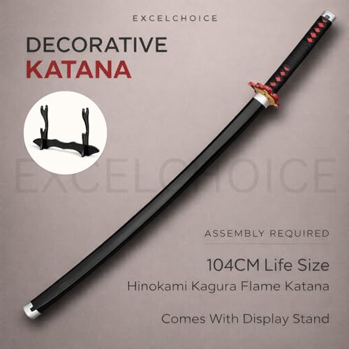 Image of EXCELCHOICE Demon Slayer Fire God Kamado Tanjiro Katana /Sword Toy 104cm Life Size - Bamboo Wood Tanjiro Kamadoo Anime Katana Rengoku X Tanjiro Silver Blade 2024 (Double Layer Stand Included)