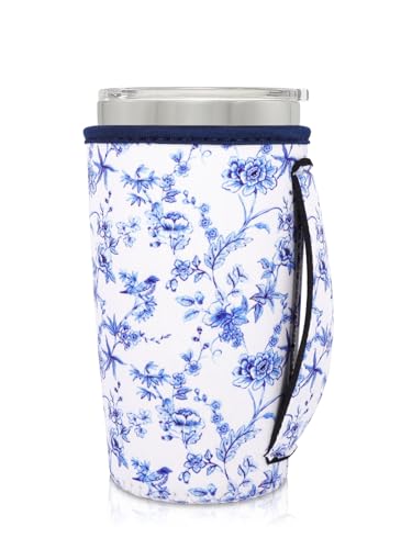 AJLTPA Neoprene Insulated Sleeves Cup Holder with Handle for 20oz Tumbler Cups, Reusable Iced Coffee Sleeve For 30oz - 32oz coffee cups(Abstract Floral China)