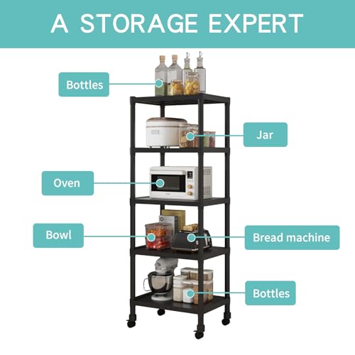 Image of HOME CUBE 5-Tier Storage Shelf with Plastic Shelves with Wheels Kitchen Organizer Rack Microwave Stand Bookshelf Standing Shelf Units Multipurpose Storage Rack for Living Room - 50x35x144 cm