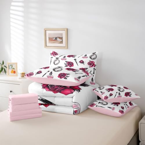 Image of 7 Pcs Pink Rose Queen Size Bedding Sets Girly Lady Makeup Perfume Comforter Set Vintage Sketch Roses Romantic Style Bed in a Bag with Comforter,Flat Sheet,Fitted Sheet,2 Pillowcases,2 Pillow Covers