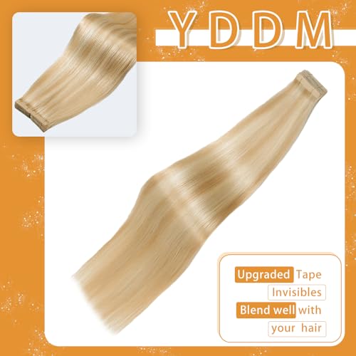 Image of YDDM 20pcs 24 Inch Tape in Hair Extensions Human Hair, Ash Blonde Highlighted Bleach Blonde 100% Remy Human Hair Straight Invisible Seamless Tape in Hair Extensions(P18 /613#, 24 Inch)