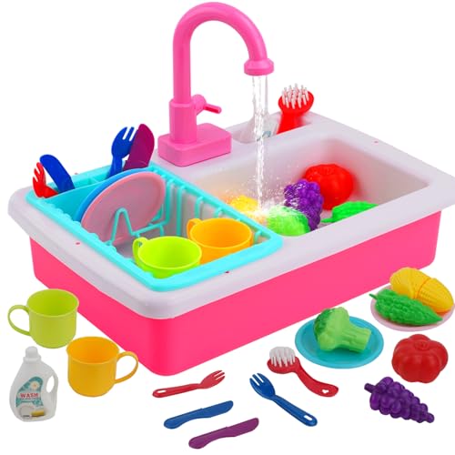 Kids Kitchen Play Sink Toy Set Pretend Role Play Kitchen Toys Kitchenware Toys Set with Running Water Cycle System,Plays Food and Cutting Plays for Boys Girls 3 4 5 6 7 Years Old(Pink)