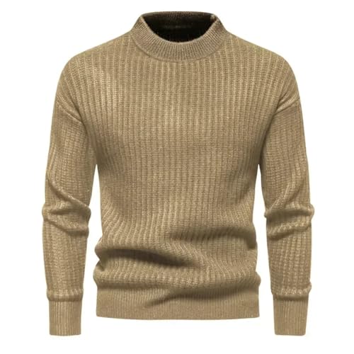 Men's Half High Neck Sweater Solid Color Pullover Round Neck Slim Fit Warm Thick Knitwear M51-Khaki 3XL