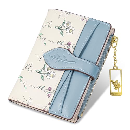 Image of Wallets for Women- RFID Blocking- Soft PU Leather Bifold Coin Zipper Pocket Purse-Small flower wallet Credit Card Holder with ID Window (Blue)