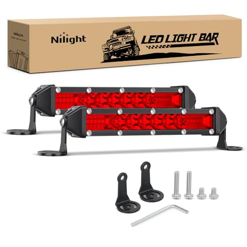 Nilight Slim LED Light Bar 2Pcs 7 Inch 16LED Single Row Spot Flood Combo Red Off Road Driving Fog Fishing Hunting Emergency Safety Signal Lighting for 12V 24V ATV UTV Pickup Truck Boat Forklift