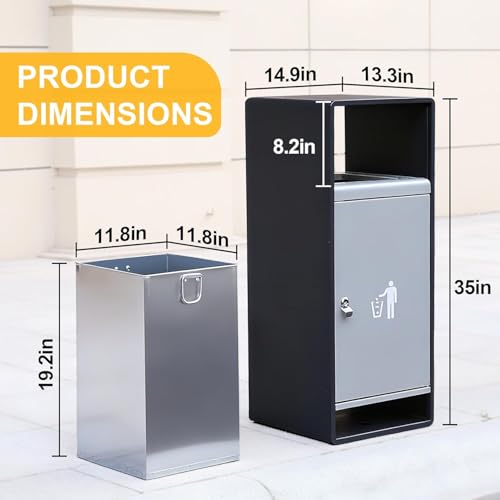 Image of Commercial Outdoor Trash Can with Lid,Rust-Resistant Waterproof Windproof Garbage Can with Removable Inner Barrel, Lockable Stainless Steel Trash Bin for Patio Hotel Park Garden