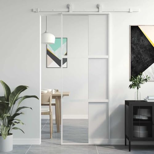 ACAGALA Puerta corredera de Cristal, 76 x 205 cm, Cristal de Seguridad ESG, Marco de Aluminio, Separador de Espacios, Puertas correderas Interiores Minimalistas, Blanco, (Sin Accesorios)
