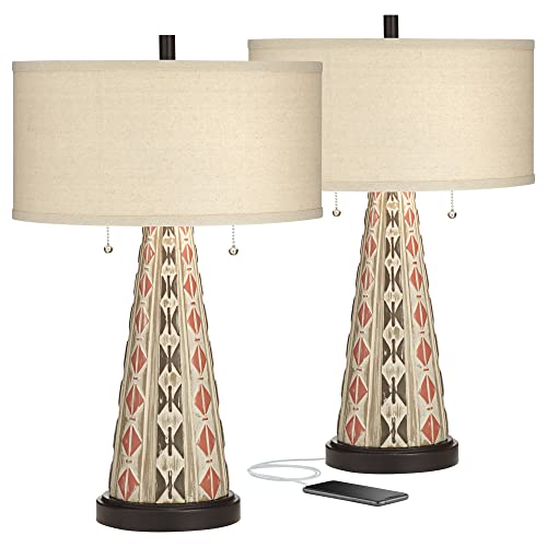 John Timberland Ignacio Southwest Style Table Lamps 24.5" High Set Of 2 With Usb Charging Port Tapering Column Oatmeal Fabric Drum Shade For Living Room Bedroom House Bedside Nightstand Home #TOP1