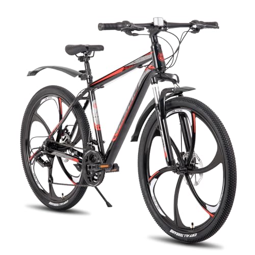 Hiland Bicicleta de Montaña para Adultos 26 Pulgadas, Frenos de Disco Delanteros y Traseros, Rueda 6 Cuchillas, 21 Velocidades, Cuadro de Aluminio Ligero, Horquilla de Suspensión, Negro y Rojo