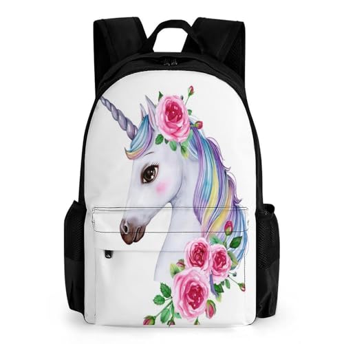 Supdreamc Men Women Polyester Unicorn Portrait Watercolor Style Floral Art Daypack Big Capacity Shoulder Bag With Smooth Zippers for Hiking Work Walking Cycling