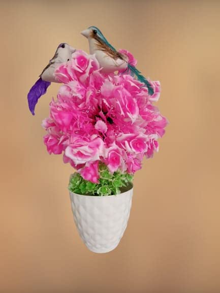 NMAB ARTESANIA Artificial Flower Plant with Pot and 2 Birds for Home, Office, Garden