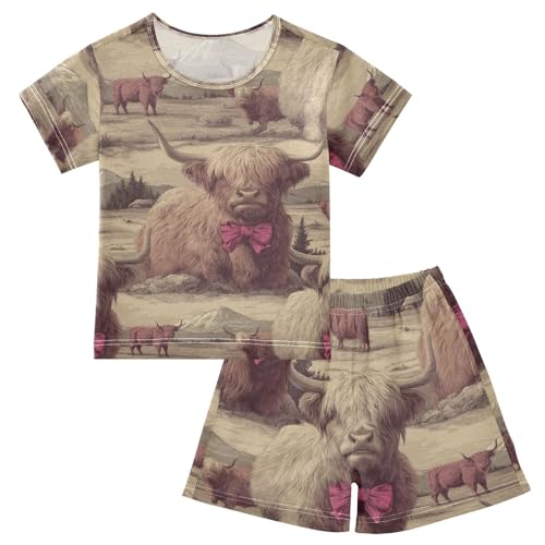 Pajama Short Sets Highland Cattle with Bows Soft Cotton Summer Sleepwear 2 Piece PJS Size 5-14T