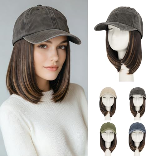 Rich Choices Hat Wigs for Women Dark Gray Baseball Cap with Hair Extensions for Women Short Bob Hairstyle Caps with Hair Attached Adjustable Baseball Cap Wig 6 Inch Highlighted Dark Brown Hair