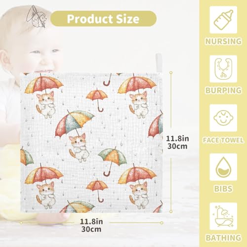 vvfelixl Baby Muslin Washcloths Kitten Hold Umbrella Baby Burp Cloths Cotton Babys Face Towel for Newborn Infants Boys Girls Soft and Absorbent 11.8 X 11.8 in, 3 Pack4