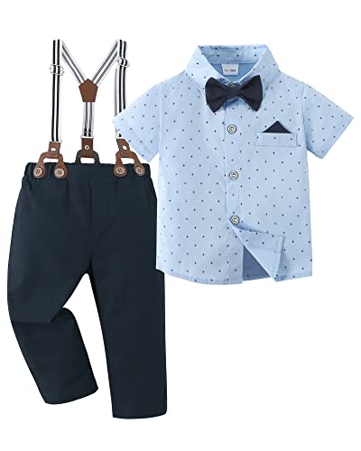 CARETOO Toddler Baby Boy Clothes Suit Gentleman Wedding Outfits, Formal Dress Shirt with Bowtie + Suspender Pants Blue 5-6 Years
