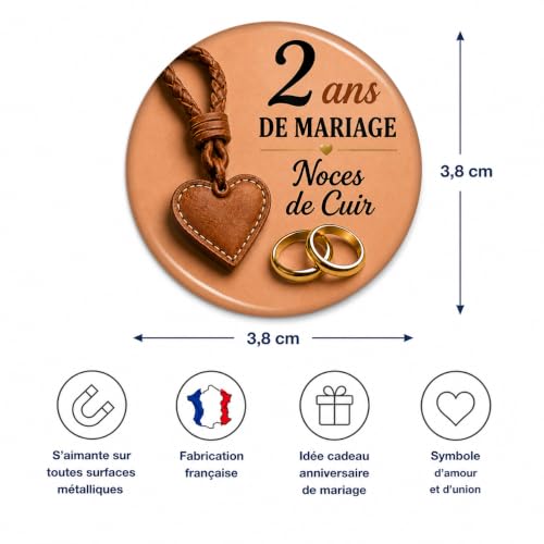 Badgmania Magnet Aimant 2 Ans de Mariage – Noces de Cuir – Cadeau Romantique Couple Élégant – Souvenir Anniversaire Raffiné – Fabriqué en France – Ø 38 mm – vue 3
