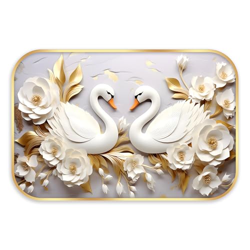 Image of Indianara White Swan Wall Art with Gold Roses, Digital Print, Gold Frame, 45 x 30 cm, Landscape