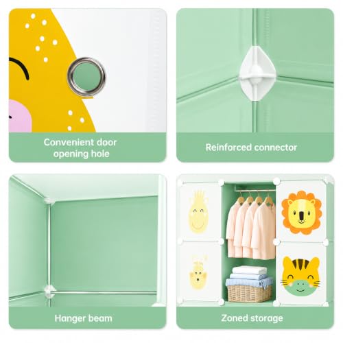 Image of Little Olive Plastic Wardrobe with Height Chart | Animal Print Design for Kids Toys and Clothes | Green Matte Modular Storage Cabinet (110Cm X 36Cm X 145Cm)