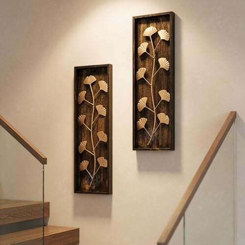 Image of DSH Leaf Wall Art Panels Modern Rustic Home Decor Wall Hanging Sculpture for Living Room, Bedroom & Office (45X15 CM) Decoration Item (Ginkgo Leaf, 2 Frames)