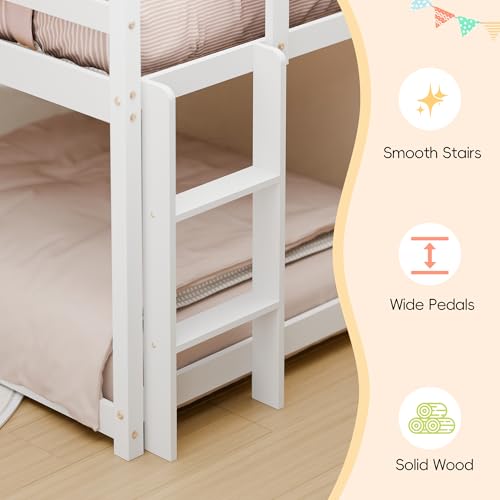 MU Low Bunk Bed with Slide, Twin Over Twin Bunk Bed, Solid Wood Bed Frame with Climbing Ladder & Safety Guard Rail, Floor Loft Bed with Storage Space for Kids Toddler, White