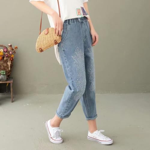 Women's Capri Pants Summer Wide Leg High Waist Pants Drawstring Casual Pants with Pockets Embroidery Jeans Blue3