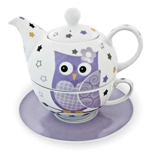 Foto von Porzellan Tee Set Tea for one Teeservice Teekanne Tasse Untersetzer Eule lila weiß