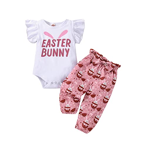 GUMEMO Newborn Baby Girl Easter Outfits Clothes Set Flutter Sleeve Romper Bodysuit Polka Dot Full Easter Bunny Pants Trousers 3-6 Months