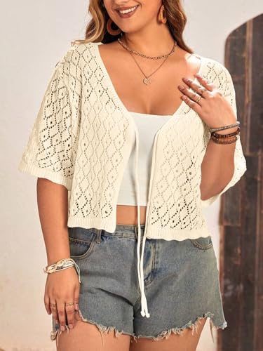 Image of Women's Plus Size Crochet Cardigan Crop Short Sleeves Tie Front Lightweight Knitwear