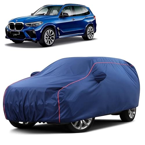 Image of Sulfar 100% Water Resistant Car Body Cover Compatible with Mirror for BMW X5M (Triple Stitched, Full Bottom Elastic, Blue Taffeta with Red Piping)