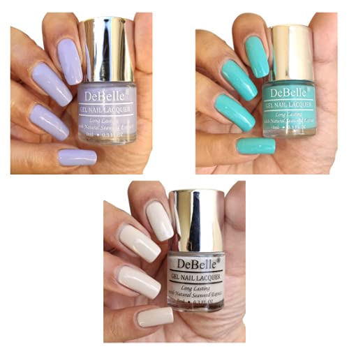 DeBelle Gel Nail Polish Combo Set Of 3 Purple [Blueberry Bliss], Teal Green [Tahiti Teal], Light Nude [Natural Blush] 24 ml (8 ml Each)-image-4